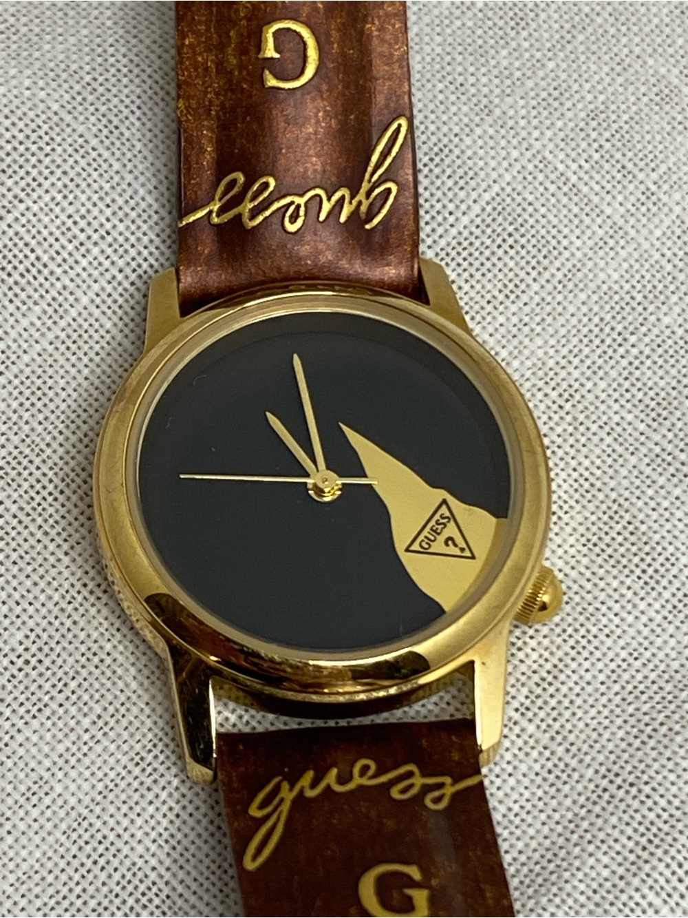 Vintage 1996 GUESS Women’s Watch Black Dial Brown Logo Leather Band Japan Movt